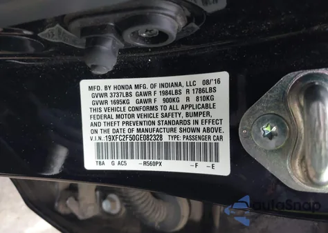 2016 Honda Civic Lx z USA, uszkodzony, nr VIN 19XFC2F50GE082328